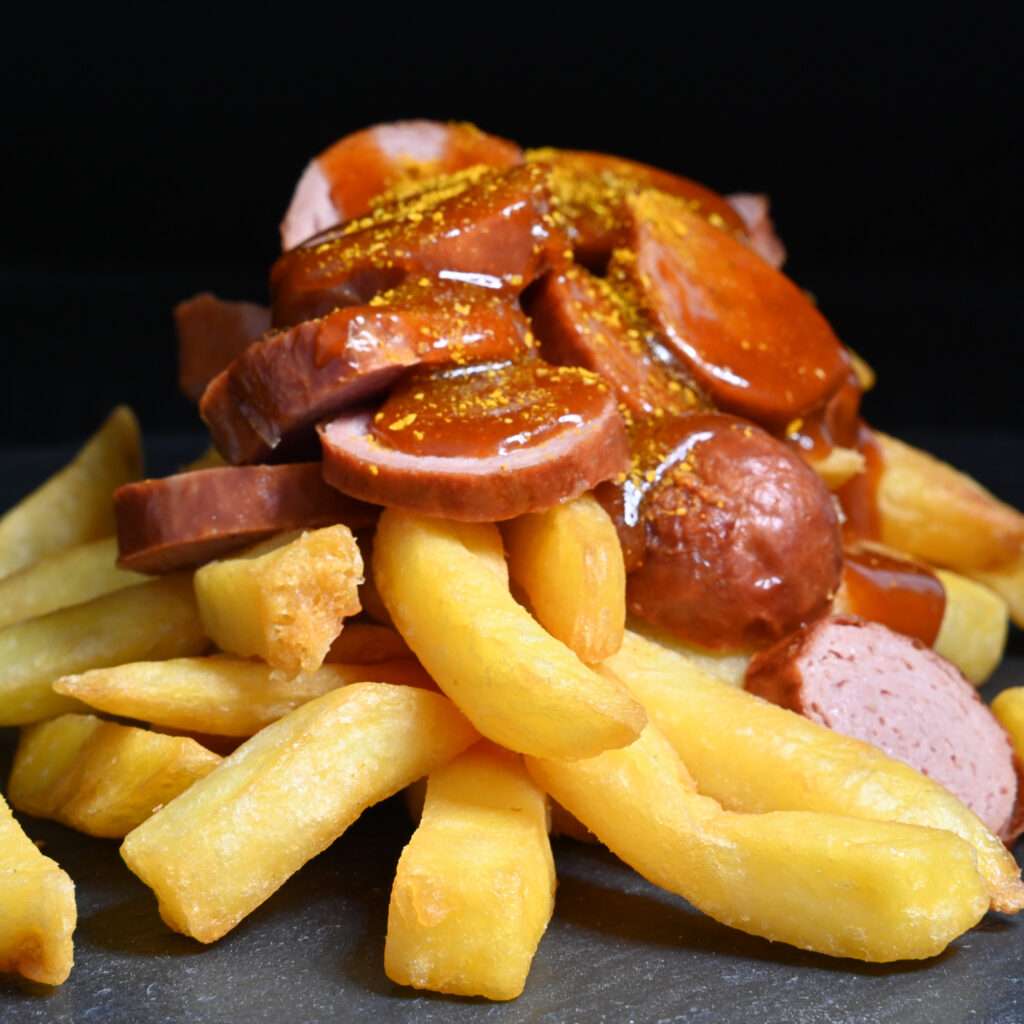 appetitanregende fotografie von currywurst mit pommes